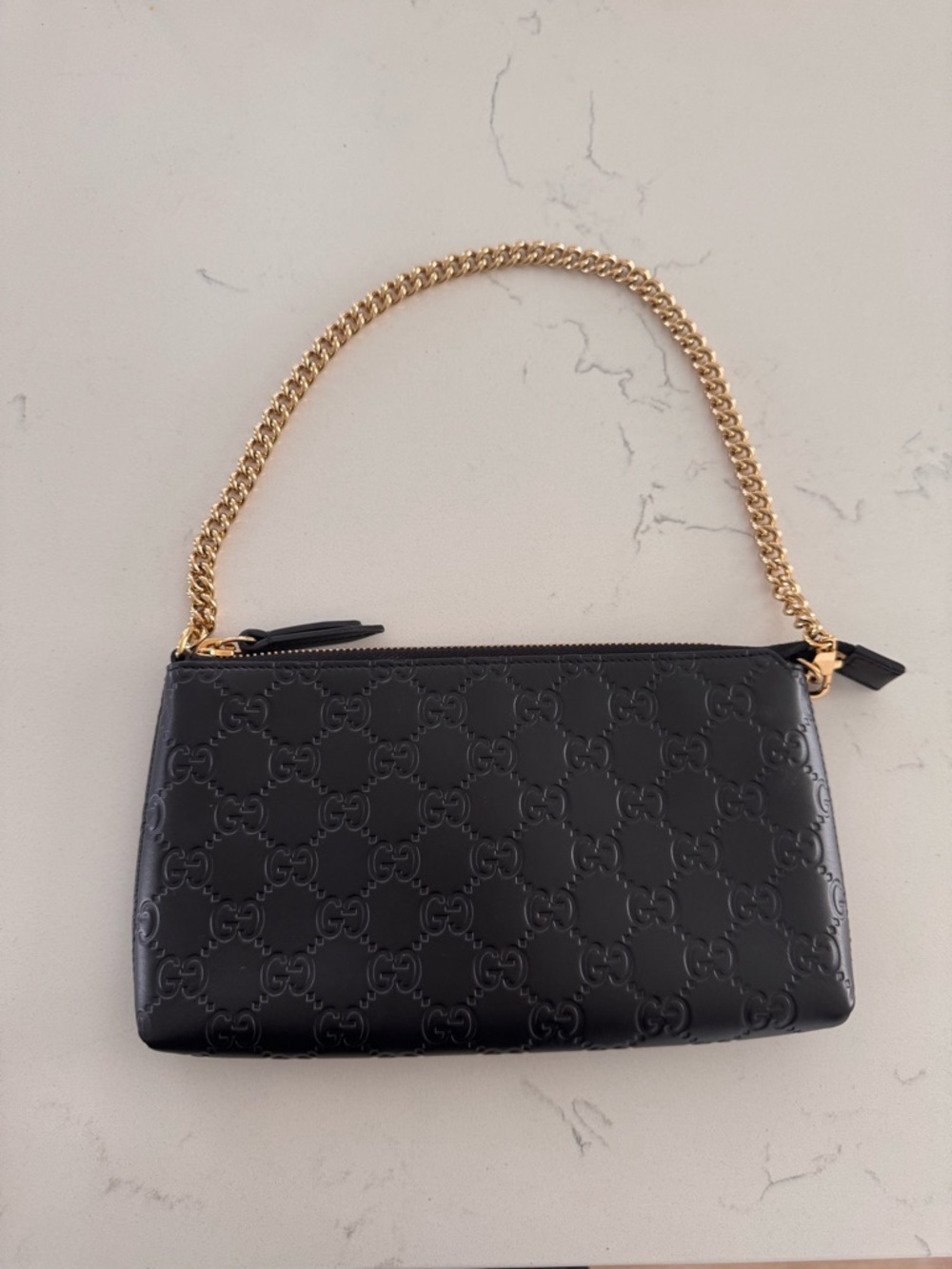 Gucci Black Leather Chain Wristlet Wallet.